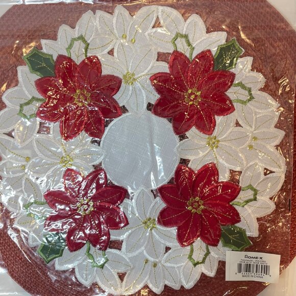 Christmas Table Topper With Red Poinsettias & White Floral Embroidery 15" Round - Picture 4 of 5